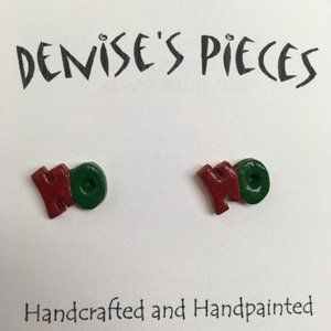 Christmas Earrings Plaster Handcrafted Ho Ho Pierced Red Green